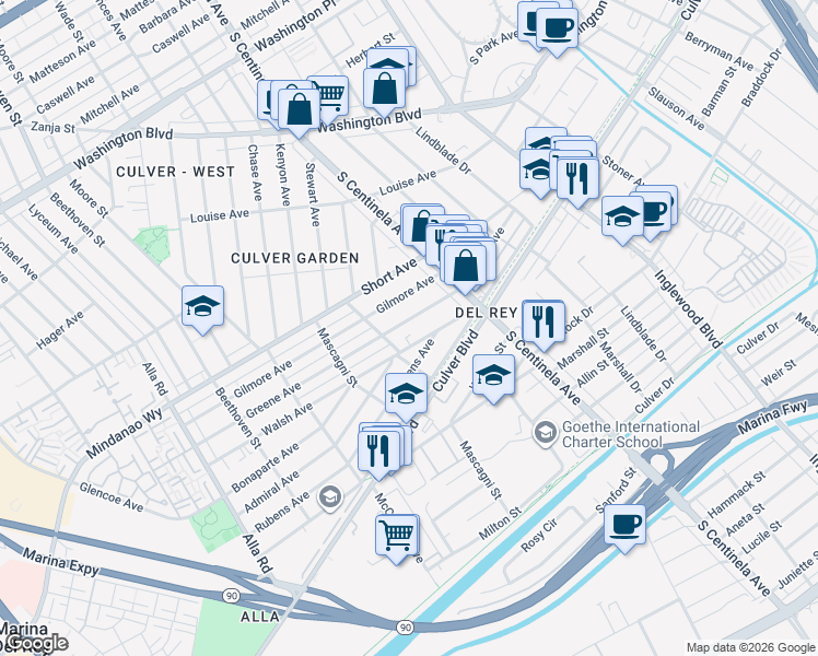 map of restaurants, bars, coffee shops, grocery stores, and more near 12479 Rubens Avenue in Los Angeles