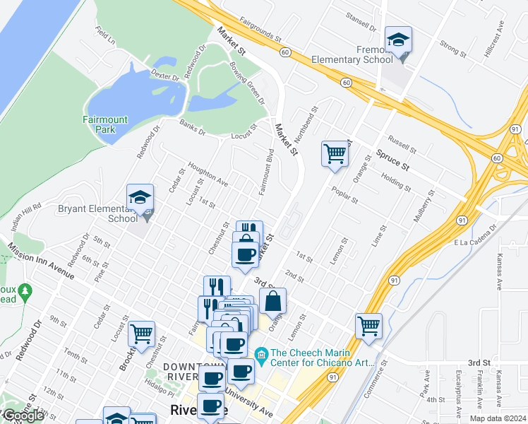 map of restaurants, bars, coffee shops, grocery stores, and more near 3869 Houghton Avenue in Riverside