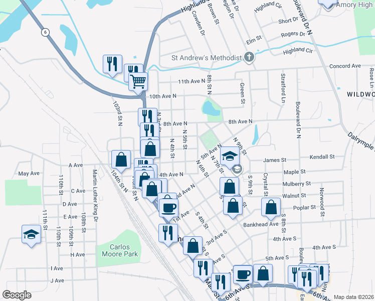map of restaurants, bars, coffee shops, grocery stores, and more near 409 5th Avenue North in Amory