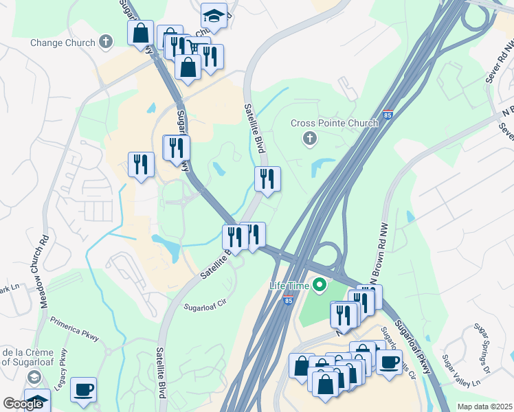 map of restaurants, bars, coffee shops, grocery stores, and more near 1960 Satellite Boulevard in Lawrenceville