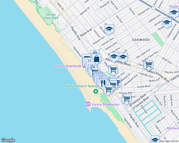 map of restaurants, bars, coffee shops, grocery stores, and more near 8 Brooks Avenue in Los Angeles