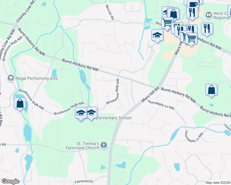 map of restaurants, bars, coffee shops, grocery stores, and more near 5710 Brookstone Walk Northwest in Acworth