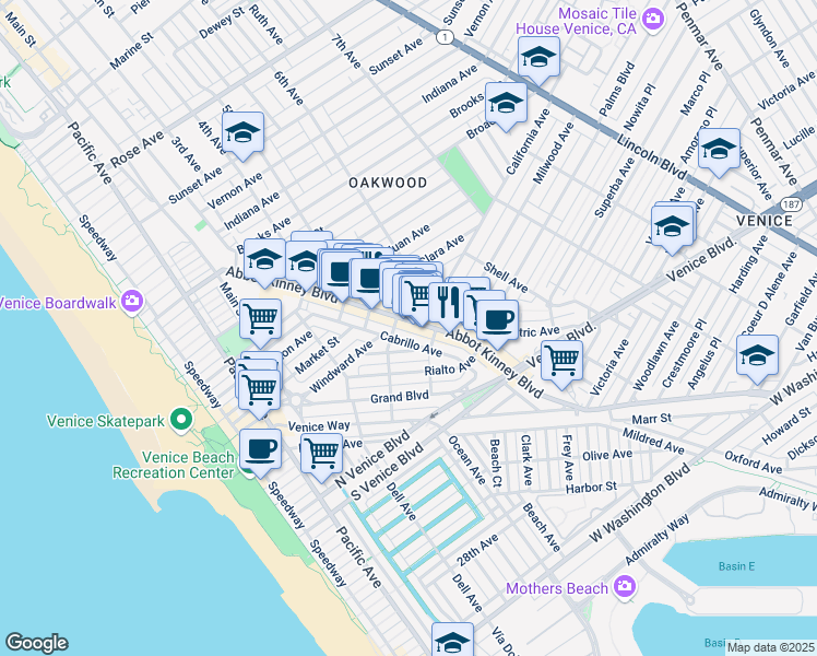 map of restaurants, bars, coffee shops, grocery stores, and more near 1346 Abbot Kinney Boulevard in Los Angeles