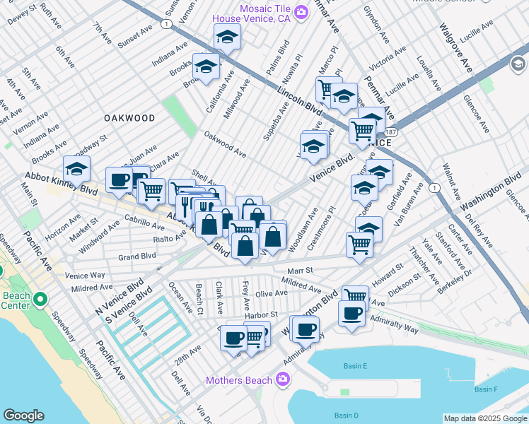 map of restaurants, bars, coffee shops, grocery stores, and more near 618 Venice Boulevard in Los Angeles