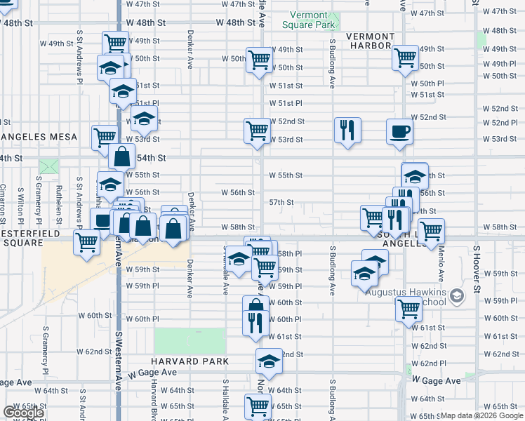 map of restaurants, bars, coffee shops, grocery stores, and more near S Normandie Ave & W 57th St in Los Angeles