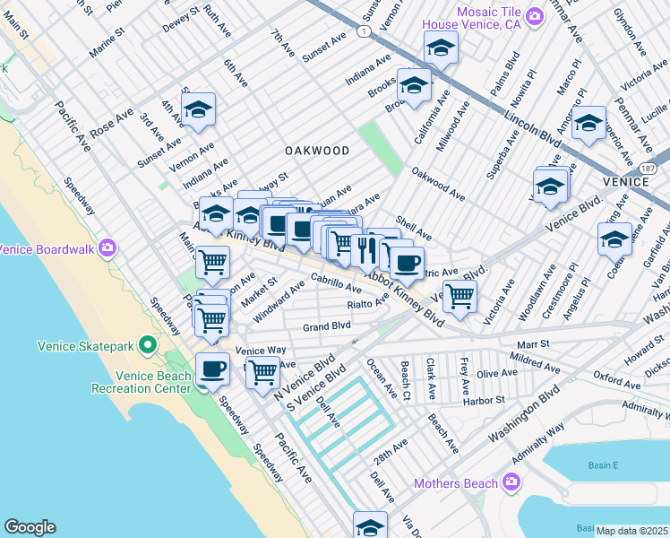 map of restaurants, bars, coffee shops, grocery stores, and more near 1346 Abbot Kinney Boulevard in Los Angeles