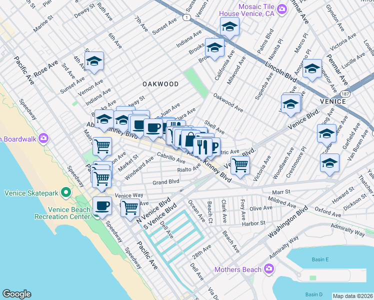 map of restaurants, bars, coffee shops, grocery stores, and more near 1503 Cabrillo Avenue in Los Angeles