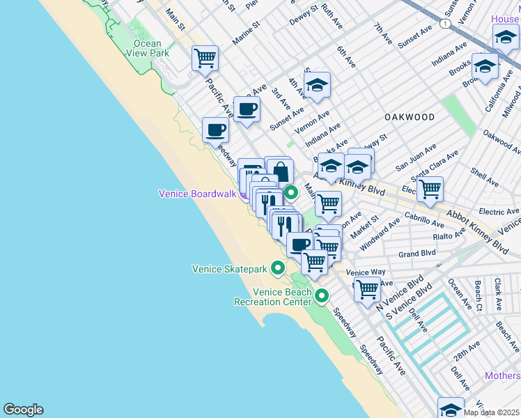 map of restaurants, bars, coffee shops, grocery stores, and more near 8 Brooks Avenue in Los Angeles