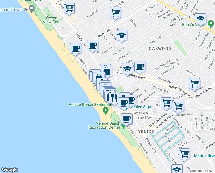 map of restaurants, bars, coffee shops, grocery stores, and more near 41 Wavecrest Court in Los Angeles