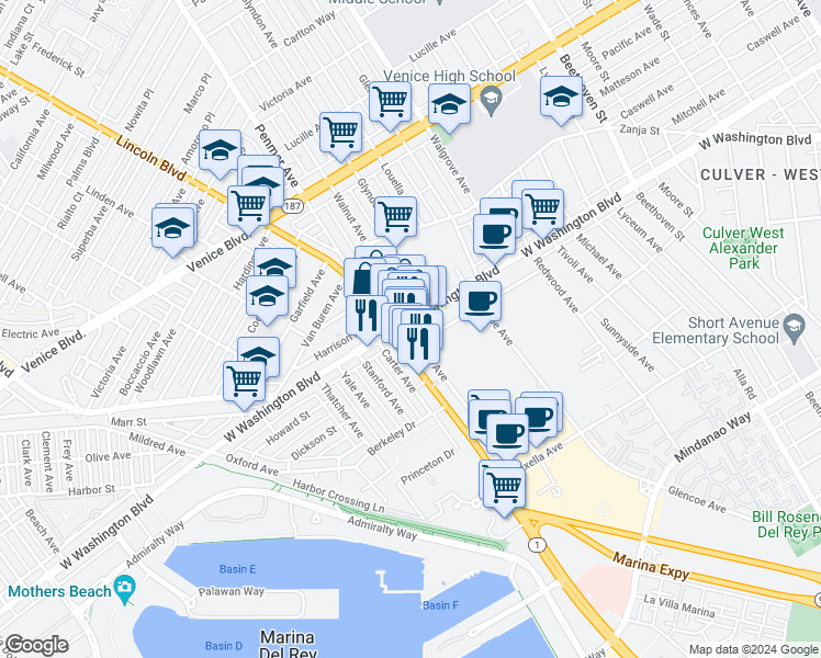 map of restaurants, bars, coffee shops, grocery stores, and more near 13484 Washington Boulevard in Marina del Rey