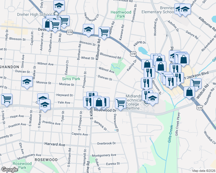 map of restaurants, bars, coffee shops, grocery stores, and more near 3819 Heyward Street in Columbia