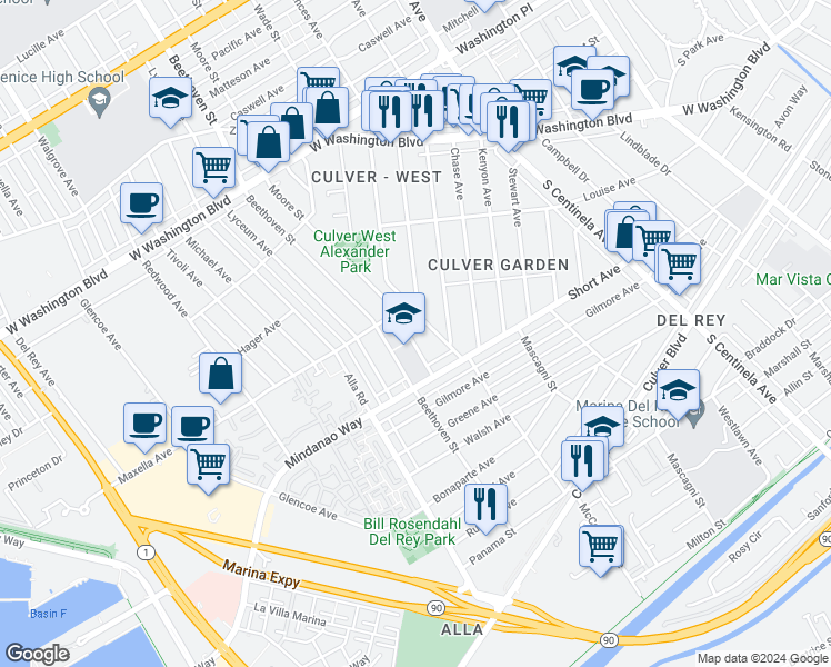 map of restaurants, bars, coffee shops, grocery stores, and more near 4332 Moore Street in Los Angeles
