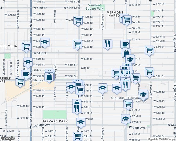 map of restaurants, bars, coffee shops, grocery stores, and more near 1327 West 58th Street in Los Angeles