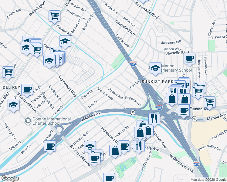 map of restaurants, bars, coffee shops, grocery stores, and more near in Los Angeles