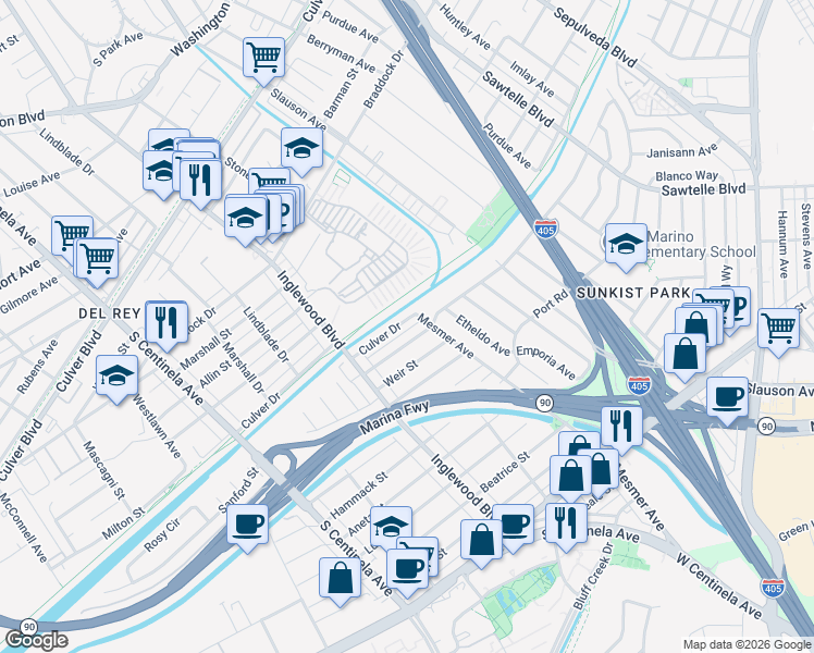 map of restaurants, bars, coffee shops, grocery stores, and more near 11910 Culver Drive in Culver City