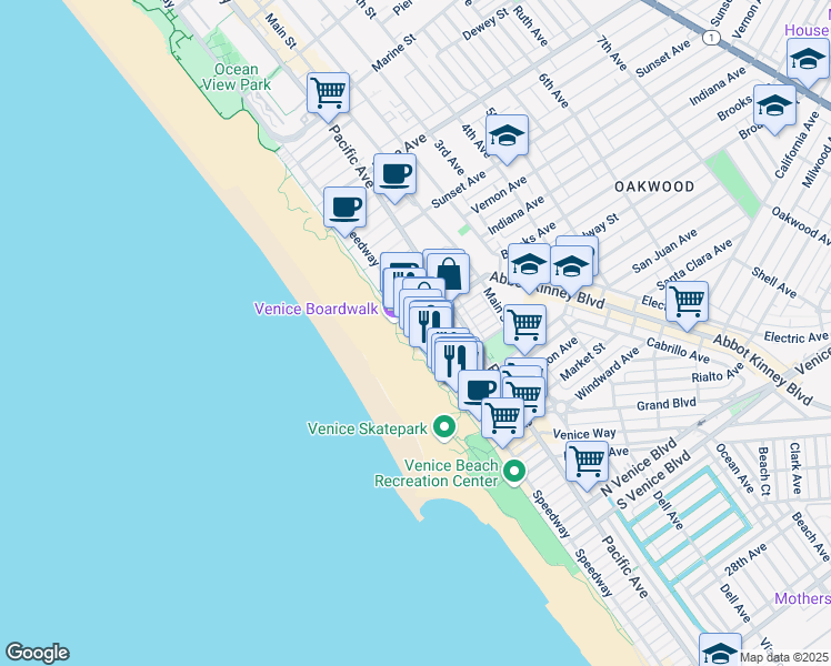 map of restaurants, bars, coffee shops, grocery stores, and more near 8 Brooks Avenue in Los Angeles