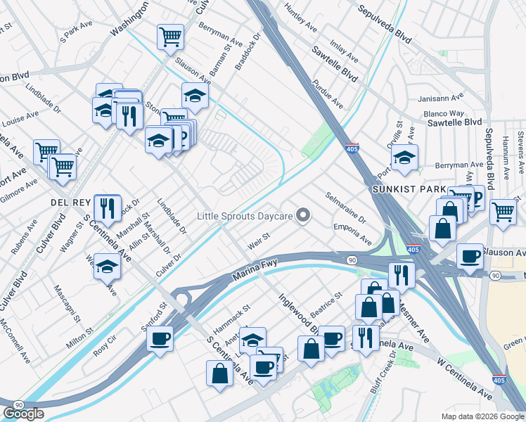 map of restaurants, bars, coffee shops, grocery stores, and more near 11910 Culver Drive in Culver City