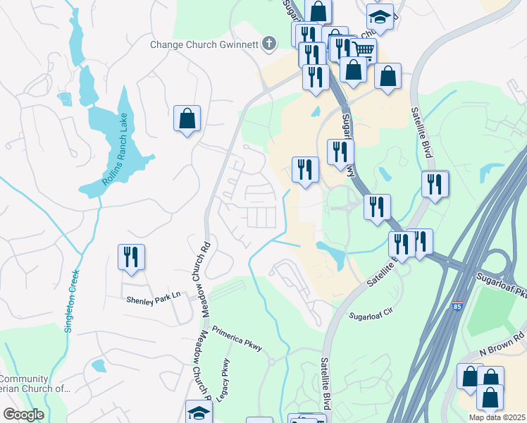 map of restaurants, bars, coffee shops, grocery stores, and more near 2093 Meadow Peak Road in Duluth
