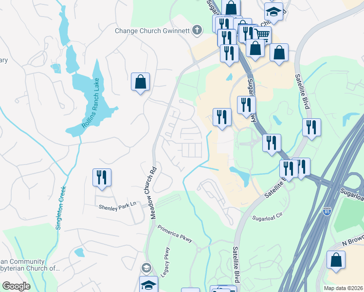 map of restaurants, bars, coffee shops, grocery stores, and more near 2049 Meadow Peak Road in Duluth