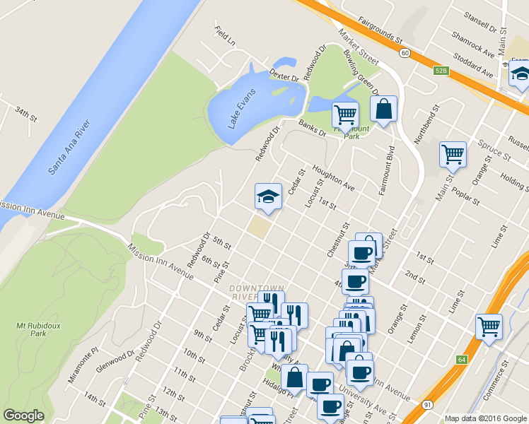 map of restaurants, bars, coffee shops, grocery stores, and more near 4324 3rd Street in Riverside