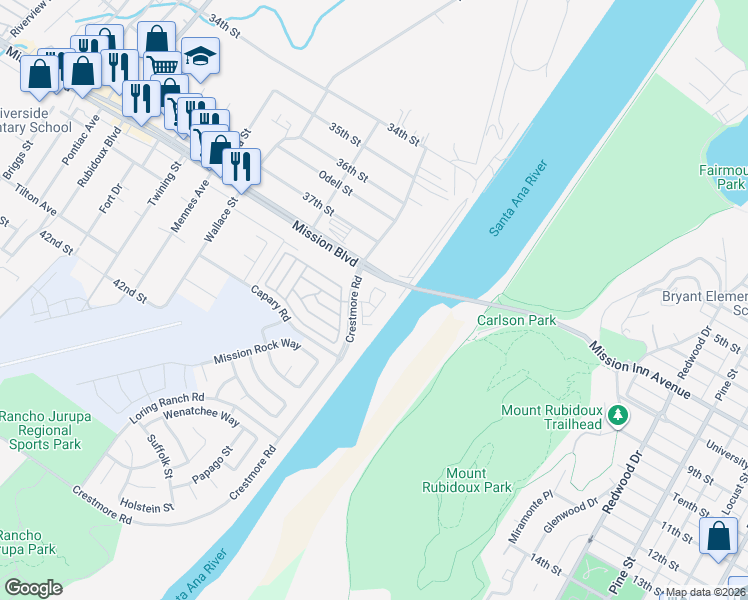 map of restaurants, bars, coffee shops, grocery stores, and more near 3830 Crestmore Road in Riverside