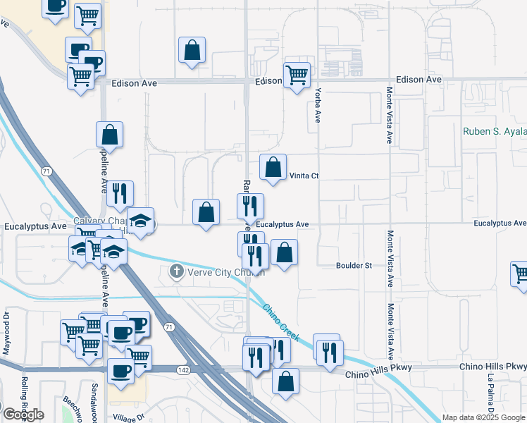 map of restaurants, bars, coffee shops, grocery stores, and more near 4534 Eucalyptus Avenue in Chino