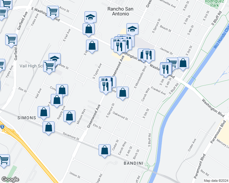 map of restaurants, bars, coffee shops, grocery stores, and more near 1209 South Spruce Street in Montebello