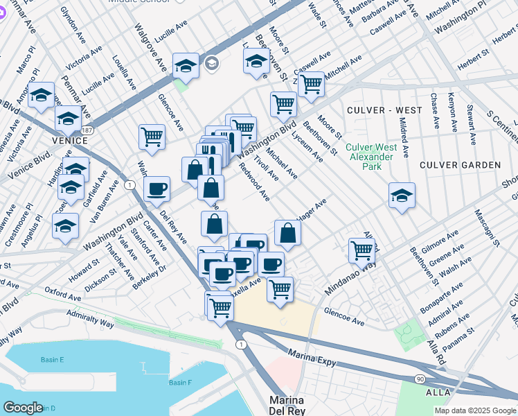 map of restaurants, bars, coffee shops, grocery stores, and more near 4114 Glencoe Avenue in Los Angeles