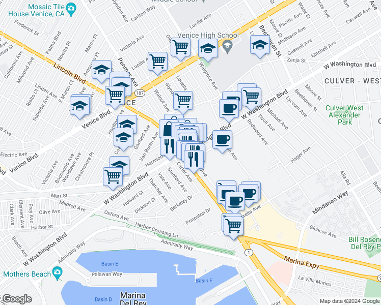map of restaurants, bars, coffee shops, grocery stores, and more near in Los Angeles