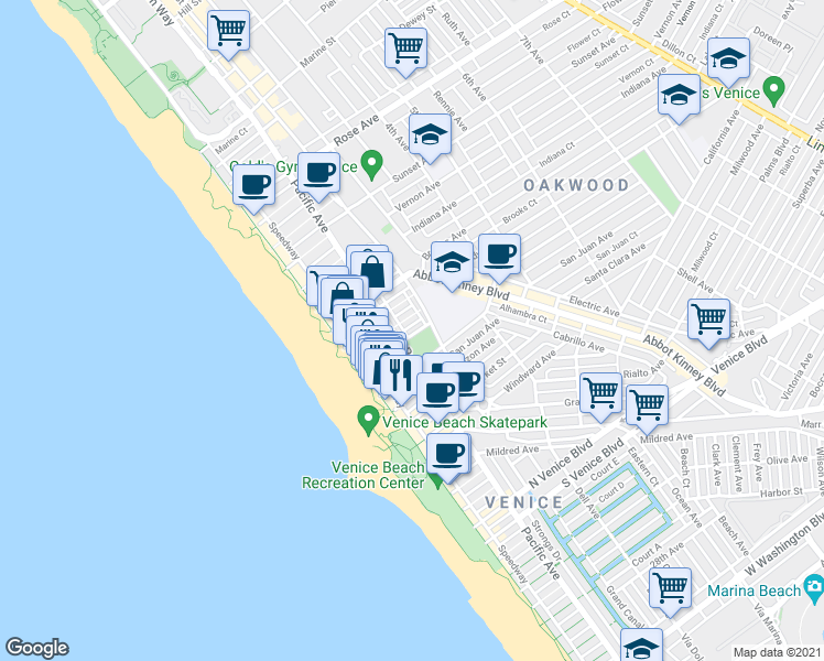 map of restaurants, bars, coffee shops, grocery stores, and more near 41 Wavecrest Court in Los Angeles