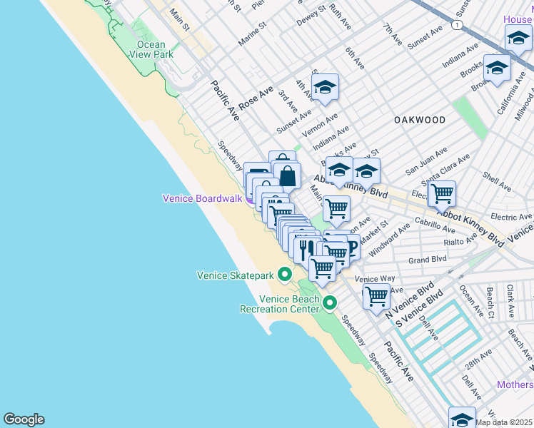 map of restaurants, bars, coffee shops, grocery stores, and more near 1007 Ocean Front Walk in Los Angeles