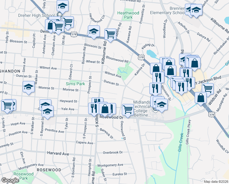 map of restaurants, bars, coffee shops, grocery stores, and more near 3819 Heyward Street in Columbia