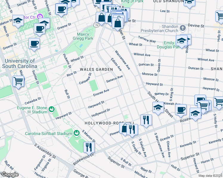 map of restaurants, bars, coffee shops, grocery stores, and more near 1809 Heyward Street in Columbia