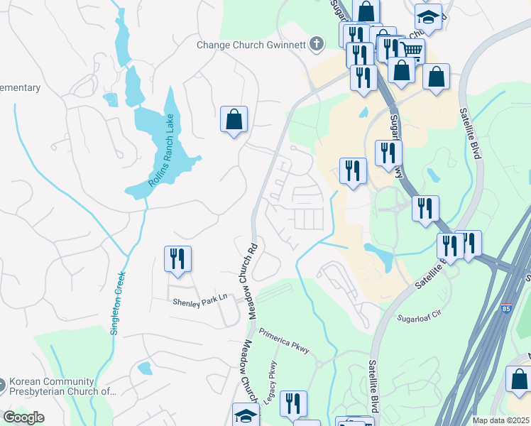 map of restaurants, bars, coffee shops, grocery stores, and more near 2694 Ridge Run Tr in Duluth