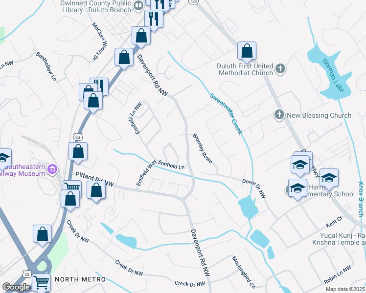 map of restaurants, bars, coffee shops, grocery stores, and more near 3169 Roundfield Circle in Duluth