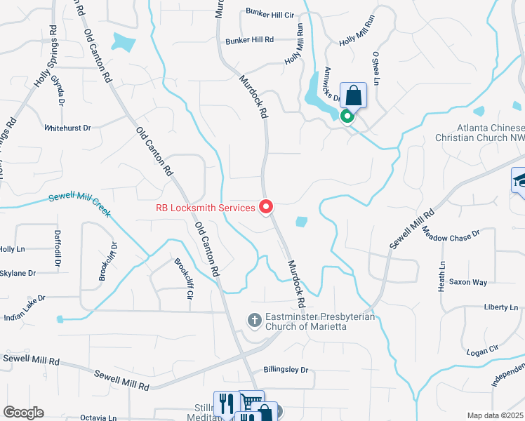 map of restaurants, bars, coffee shops, grocery stores, and more near 1655 Murdock Road in Marietta