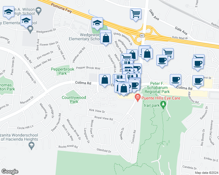 map of restaurants, bars, coffee shops, grocery stores, and more near 17042 Colima Road in Hacienda Heights