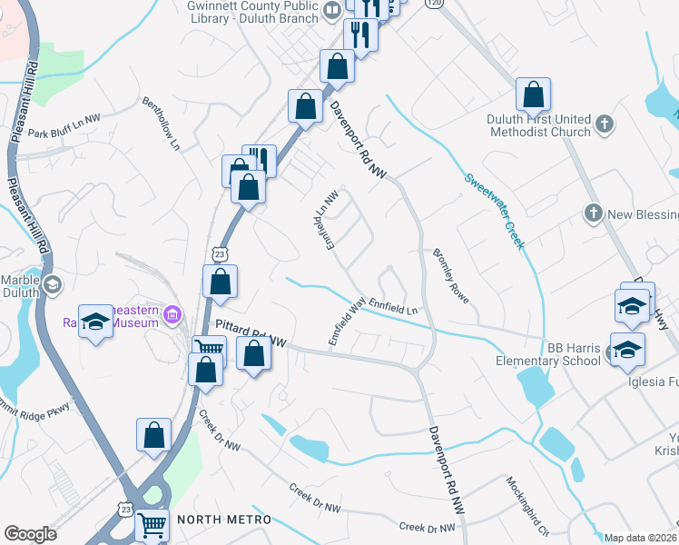 map of restaurants, bars, coffee shops, grocery stores, and more near 3130 Ennfield Lane Northwest in Duluth