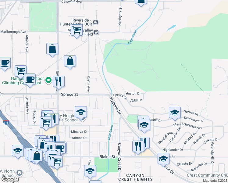 map of restaurants, bars, coffee shops, grocery stores, and more near 876 Glenhill Drive in Riverside