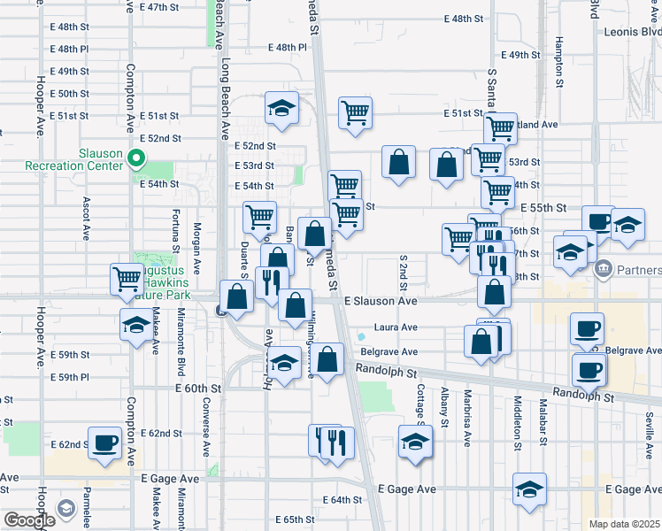 map of restaurants, bars, coffee shops, grocery stores, and more near 5820 South Alameda Street in Vernon