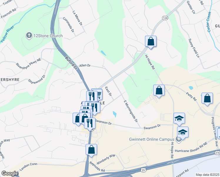map of restaurants, bars, coffee shops, grocery stores, and more near 964 East Drive in Lawrenceville