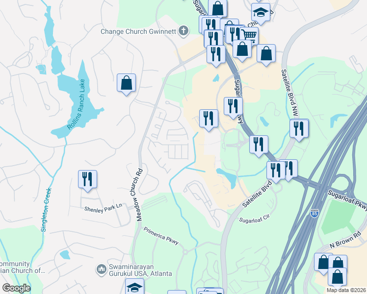 map of restaurants, bars, coffee shops, grocery stores, and more near 2214 Landing Walk Drive in Duluth