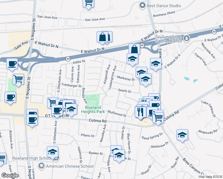 map of restaurants, bars, coffee shops, grocery stores, and more near 1430 Lindengrove Avenue in Rowland Heights