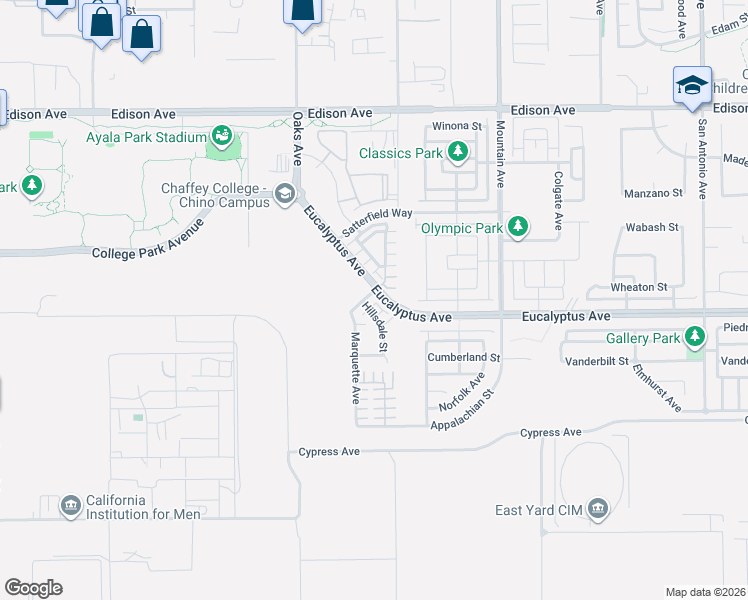 map of restaurants, bars, coffee shops, grocery stores, and more near 14487 Hillsdale Street in Chino
