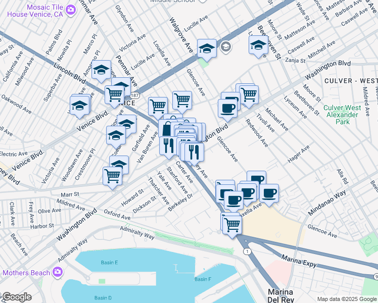 map of restaurants, bars, coffee shops, grocery stores, and more near 13484 Washington Boulevard in Marina del Rey
