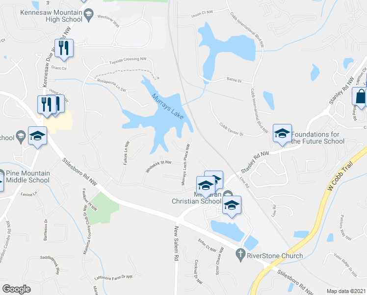 map of restaurants, bars, coffee shops, grocery stores, and more near 2030 Point Grey Court Northwest in Kennesaw