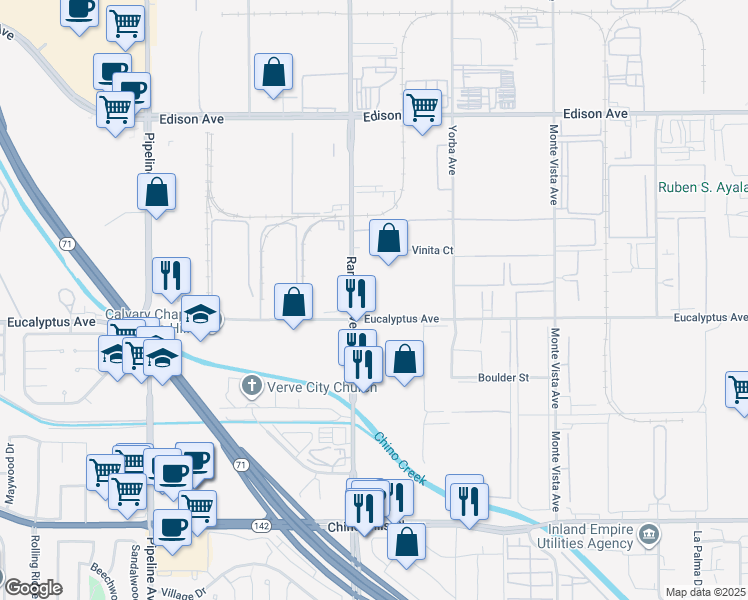 map of restaurants, bars, coffee shops, grocery stores, and more near 4560 Eucalyptus Avenue in Chino