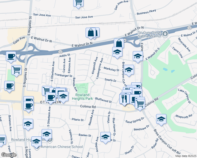 map of restaurants, bars, coffee shops, grocery stores, and more near 1430 Lindengrove Avenue in Rowland Heights