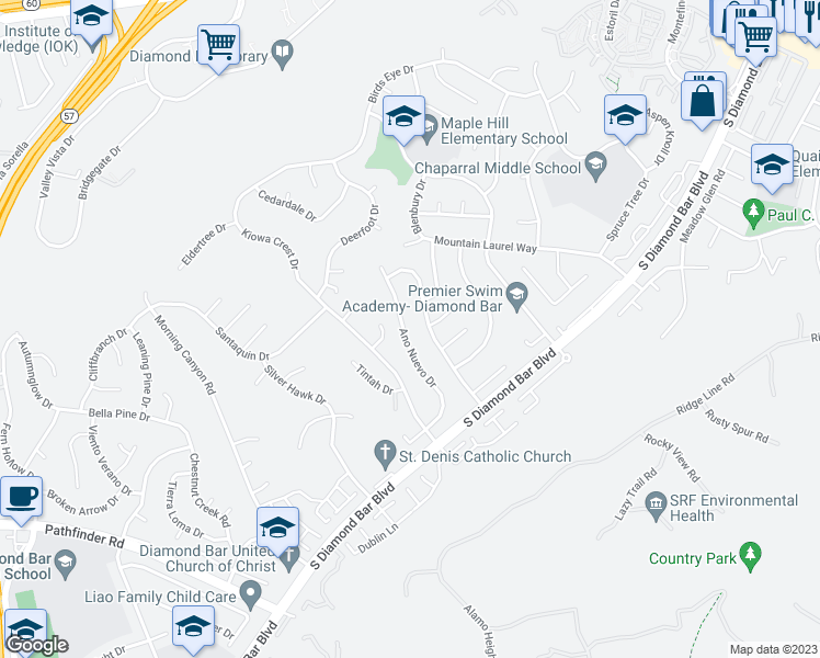 map of restaurants, bars, coffee shops, grocery stores, and more near 1732 Ano Nuevo Drive in Diamond Bar