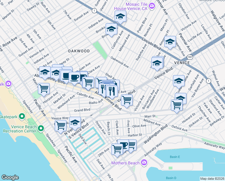 map of restaurants, bars, coffee shops, grocery stores, and more near 1620 Electric Avenue in Los Angeles